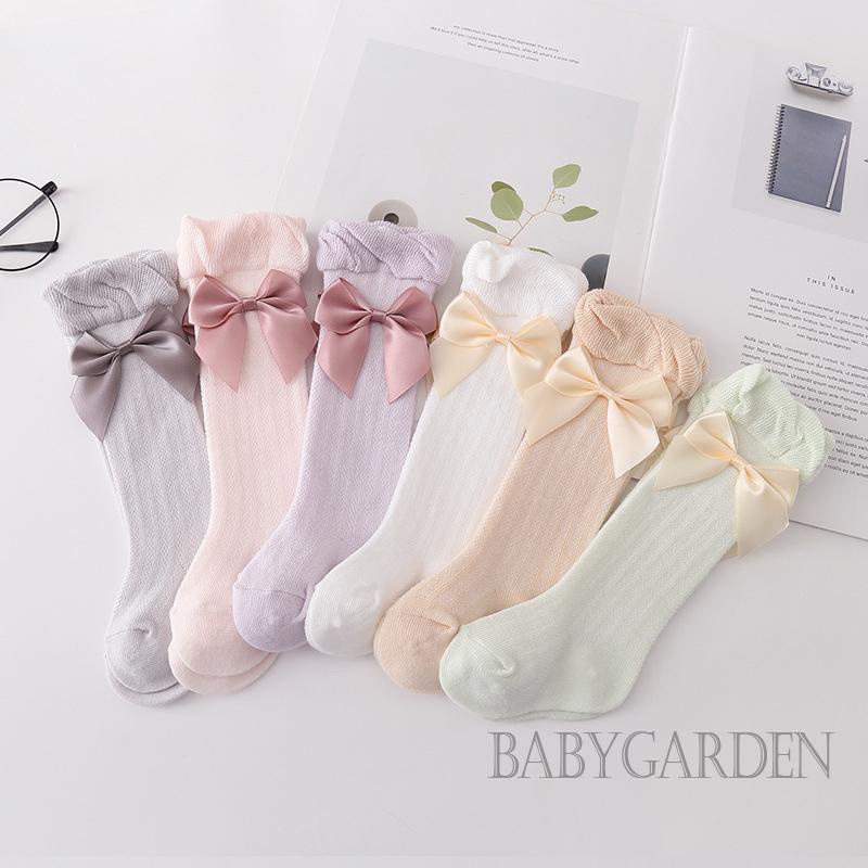 Đôi Vớ Thoáng Khí Cao Đến Đầu Gối Đính Nơ Lớn Màu Trơn Trang Trí Dành Cho Bé Gái 0-3 Tuổi