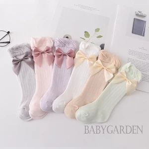Đôi Vớ Thoáng Khí Cao Đến Đầu Gối Đính Nơ Lớn Màu Trơn Trang Trí Dành Cho Bé Gái 0-3 Tuổi