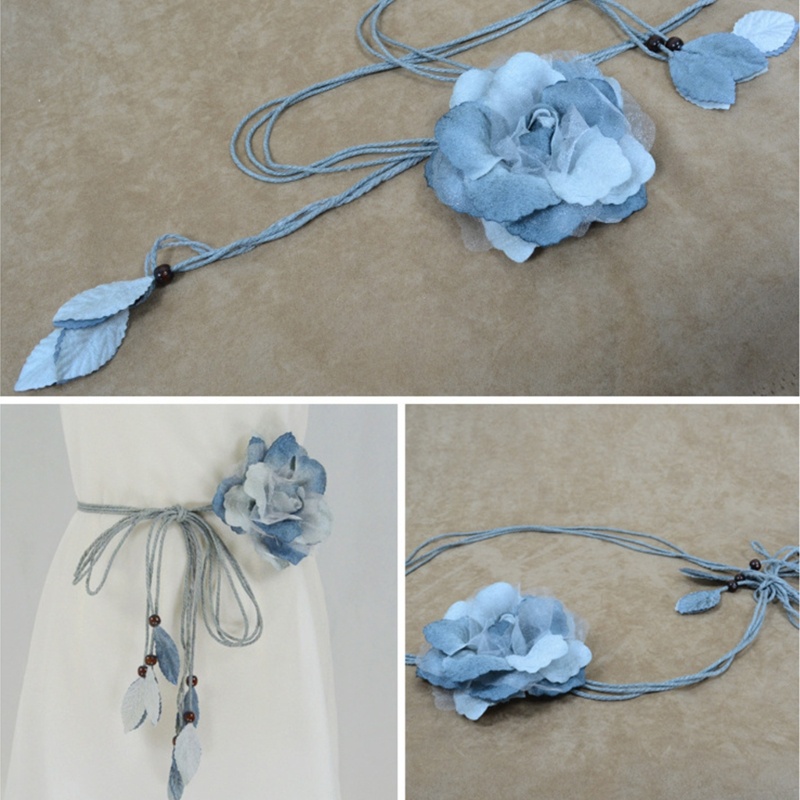 Self-Tie Waist Belt for Women Bohemian Seaside Braided Dress Belt with Flower
