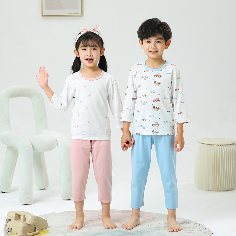 Trẻ Em Mặc Ở Nhà Bộ Đồ 100-160CM Bé Gái Bé Trai Mỏng Dài Tay Mùa Hè Quần Áo Trẻ Em Điều Hòa Không Khí Quần Áo Co Giãn Ba Phần Tư Tay Bộ Đồ Ngủ BQHW