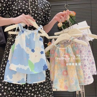 Tập Đi Bé Gái Quần Áo Mùa Hè Sling 2 Bộ Trang Phục Hoa Không Tay Bé Gái Bộ Quần Áo