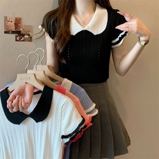 Áo thun ngắn tay mỏng mùa hè dành cho nữ Phong cách mới Hàn Quốc Quần dệt kim viền sóng