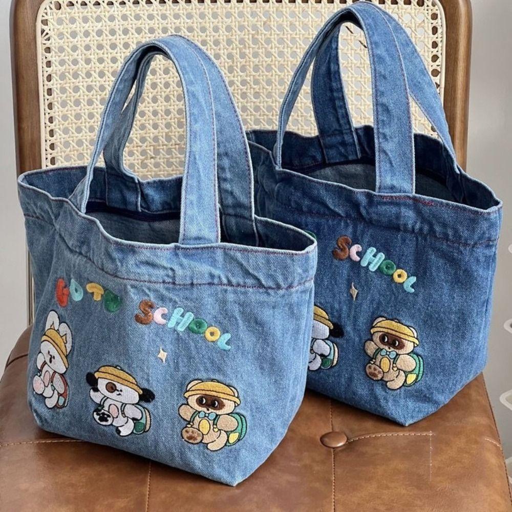 Túi Tote HOBBYIN, Túi đựng đồ ăn trưa Denim giặt, Túi xách thêu hoạt hình dung tích lớn dễ thương ngoài trời