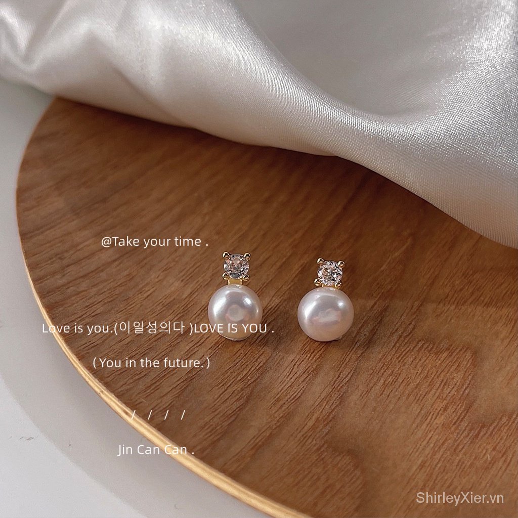 Ngọc trai nước ngọt ~ Bông tai đơn giản kim bạc mạ 14k Micro Zircon dễ phối đồ cao cấp phụ kiện thời trang Nữ Thanh Lịch Kiểu Pháp 925