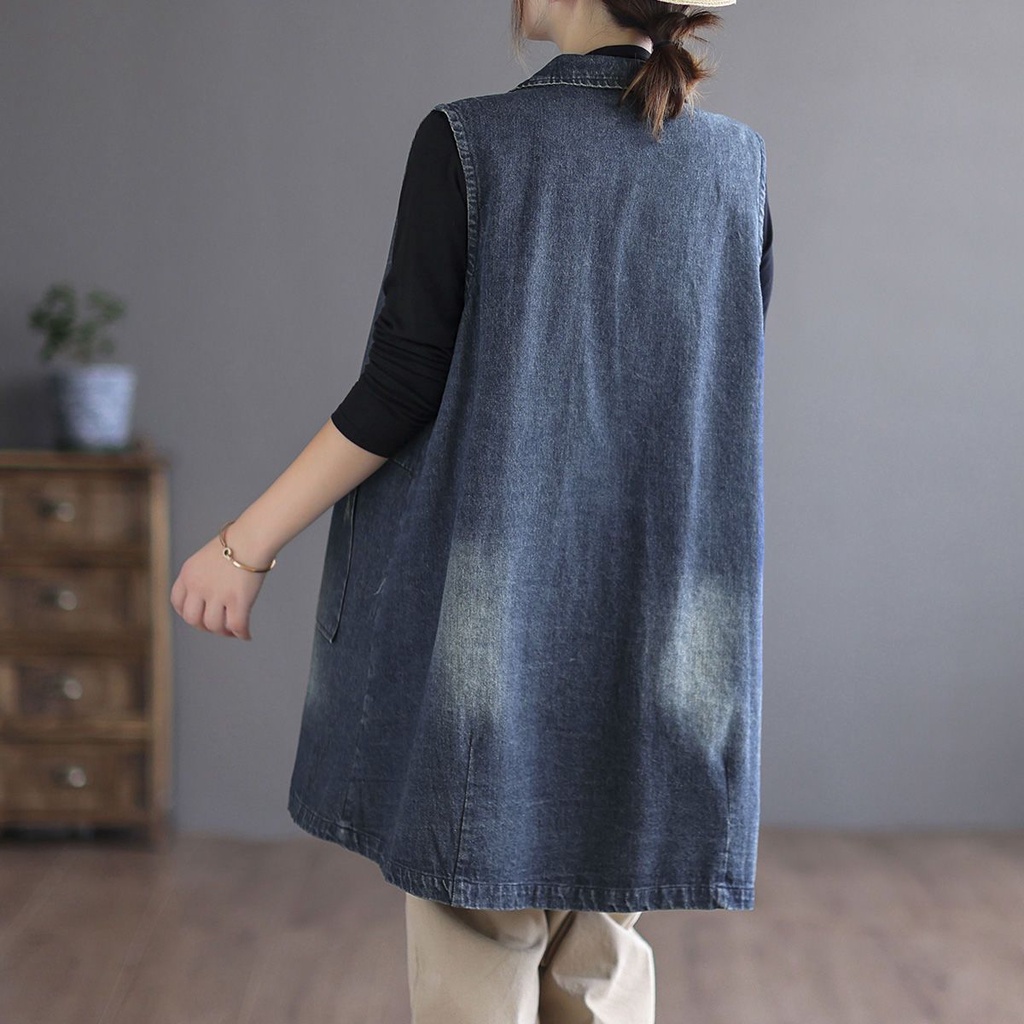 Plus Kích Thước Vintage Giữa Chiều Dài Denim Mới Rời Lắp Áo Vest Phù Hợp Với Cổ