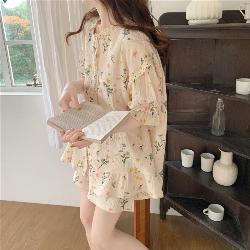 Váy Ngủ	Pyjama Bộ Đồ Ngủ Ngắn Tay Cổ Tròn Họa Tiết Hoa Phong Cách Hàn Quốc Cho Nữ