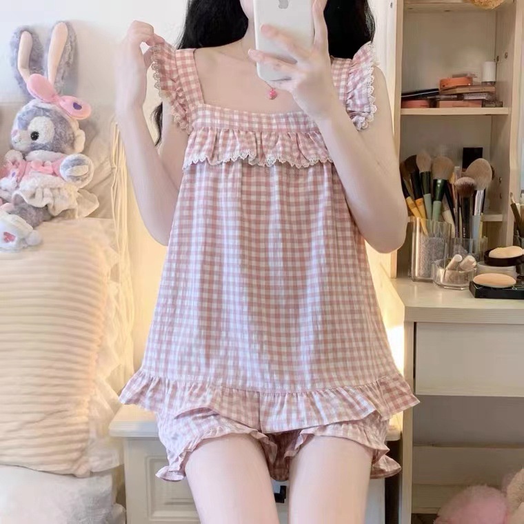 Bộ đồ Ngủ Ngắn Hai Dây Phối Ren Kẻ Sọc Caro Ngọt Ngào Dễ Thương Mặc ở Nhà Cho Nữ Sinh