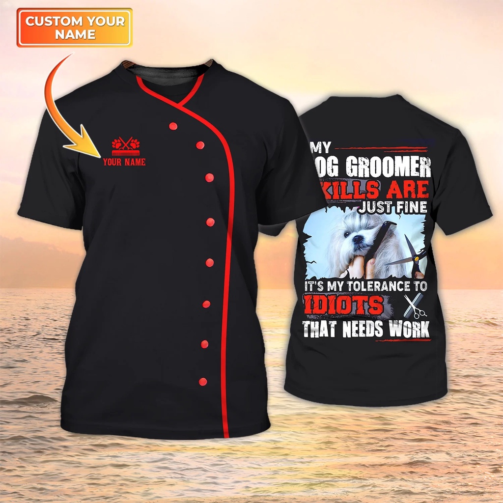 Dog grooming tên cá nhân đồng phục t-shirt pet groomer workwear tees mùa hè thường unisex quần áo quá khổ tay ngắn