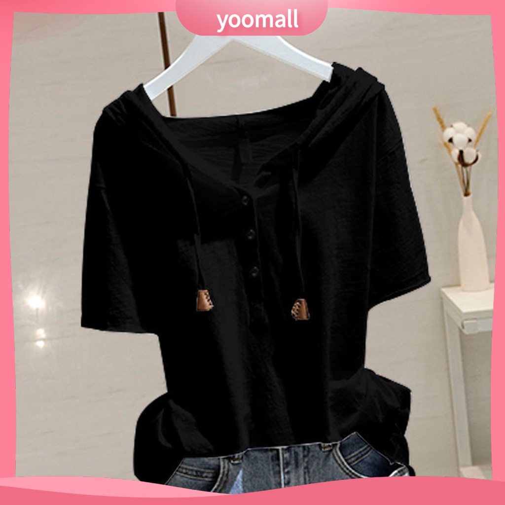[Ym] Áo Hoodie nữ tay ngắn có mũ trùm đầu Dây rút màu trơn dáng rộng mềm mại Áo chui đầu thoáng khí Ladt mùa hè