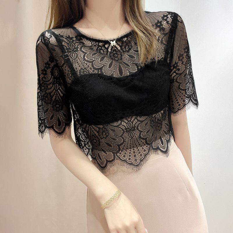 Milyfashion Ren Đen Cutout Tay Ngắn T Gạc Ngắn Top Wavy Edge Mùa Hè
