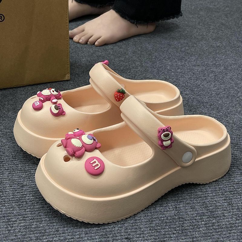 Dép Sandal Mary Jane Đục Lỗ Đế Dày Chống Trượt In Họa Tiết Dâu Tây / Gấu Dễ Thương Thời Trang Mùa Hè Cho Nữ