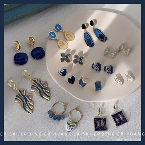 Sương mù Blue Series! Bộ bông tai Mạ Bạc 925 14K Cao Cấp Thời Trang Khí chất thanh lịch trưởng thành cô gái hàn quốc phong cách Nhiều phong cách tùy chọn