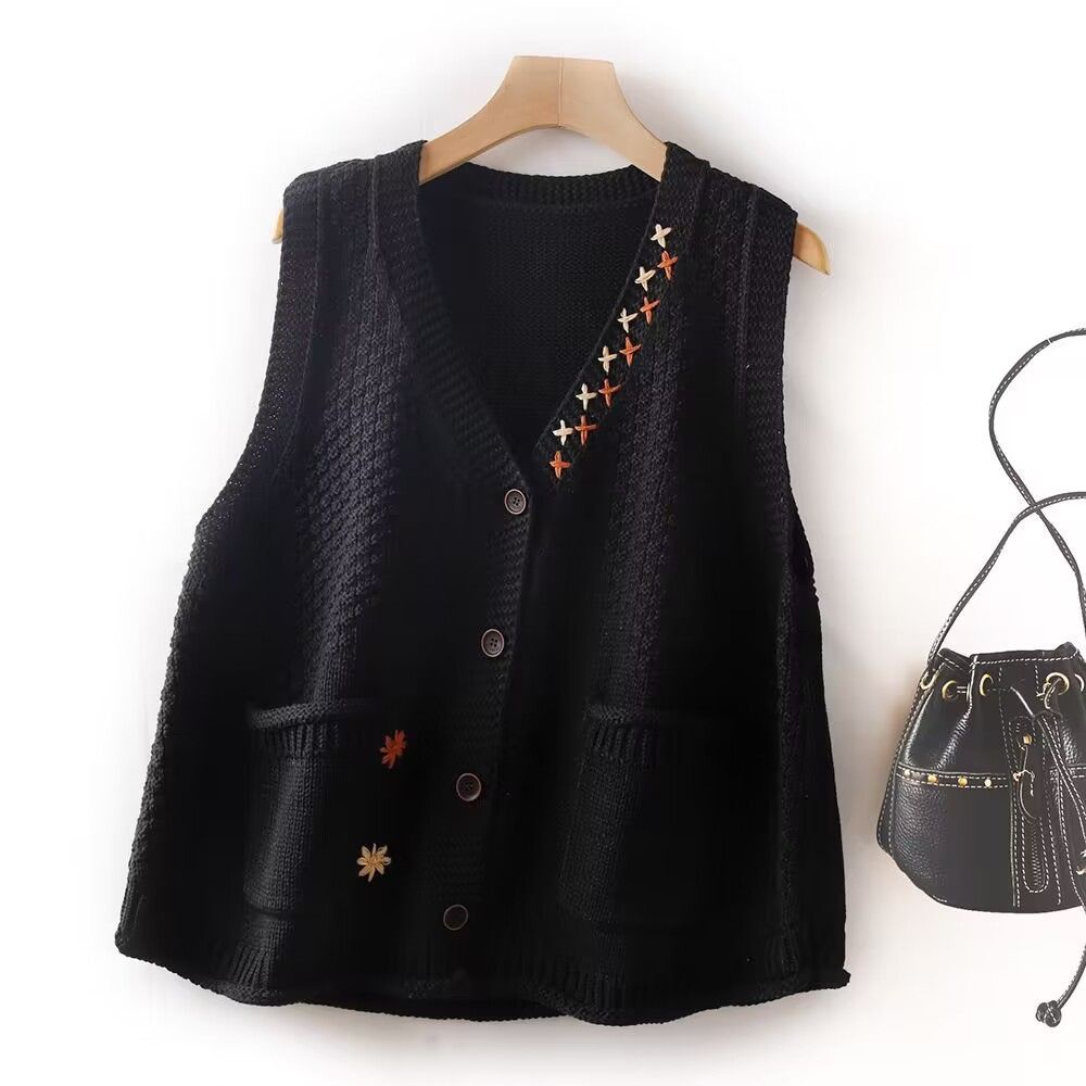 Plus Size Dệt Kim Áo Vest Nữ Mới Vintage Nghệ Thuật Rời Người Yêu Màu Trơn