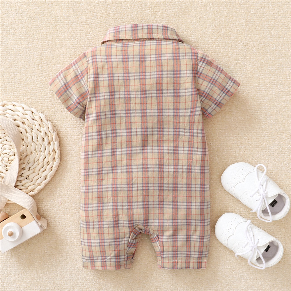 Mô tả Sơ sinh baby boy gentlemen's bodysuit turn-down tay ngắn kẻ sọc romper Áo liền quần quần áo dự tiệc hàng ngày - 3