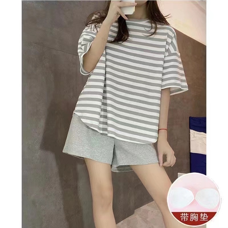 Váy Ngủ	Pyjama Bộ Đồ Ngủ Áo Tay Ngắn Cổ Tròn Có Đệm Ngực Và Quần Short Họa Tiết Kẻ Sọc Dành Cho Nữ [luyoo32]