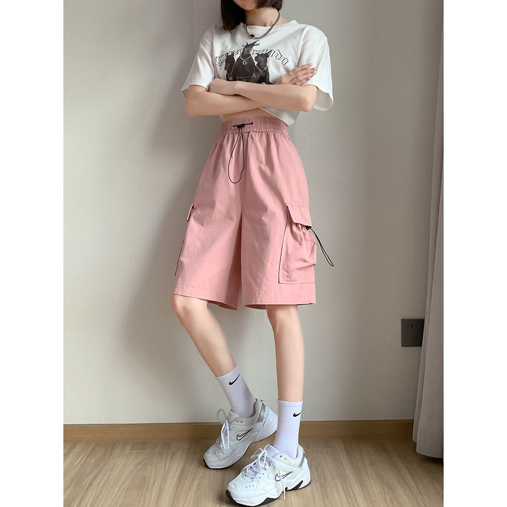 Ngọt Ngào Mát Hồng Quần Short Làm Việc Nữ Mùa Hè Mỏng Nhanh Khô Thường Ngày Quần Ống Rộng Rời Thẳng Crop Quần Short
