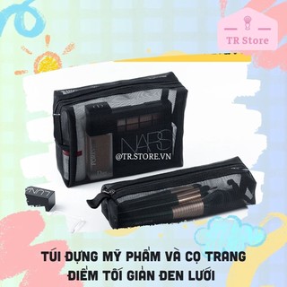 Túi đựng mỹ phẩm và cọ trang điểm tối giản đen lưới dù chắc chắn