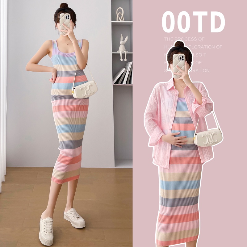 Set Áo Thun Ngắn Tay + Váy Yếm Kẻ Sọc Thời Trang Cho Mẹ Bầu