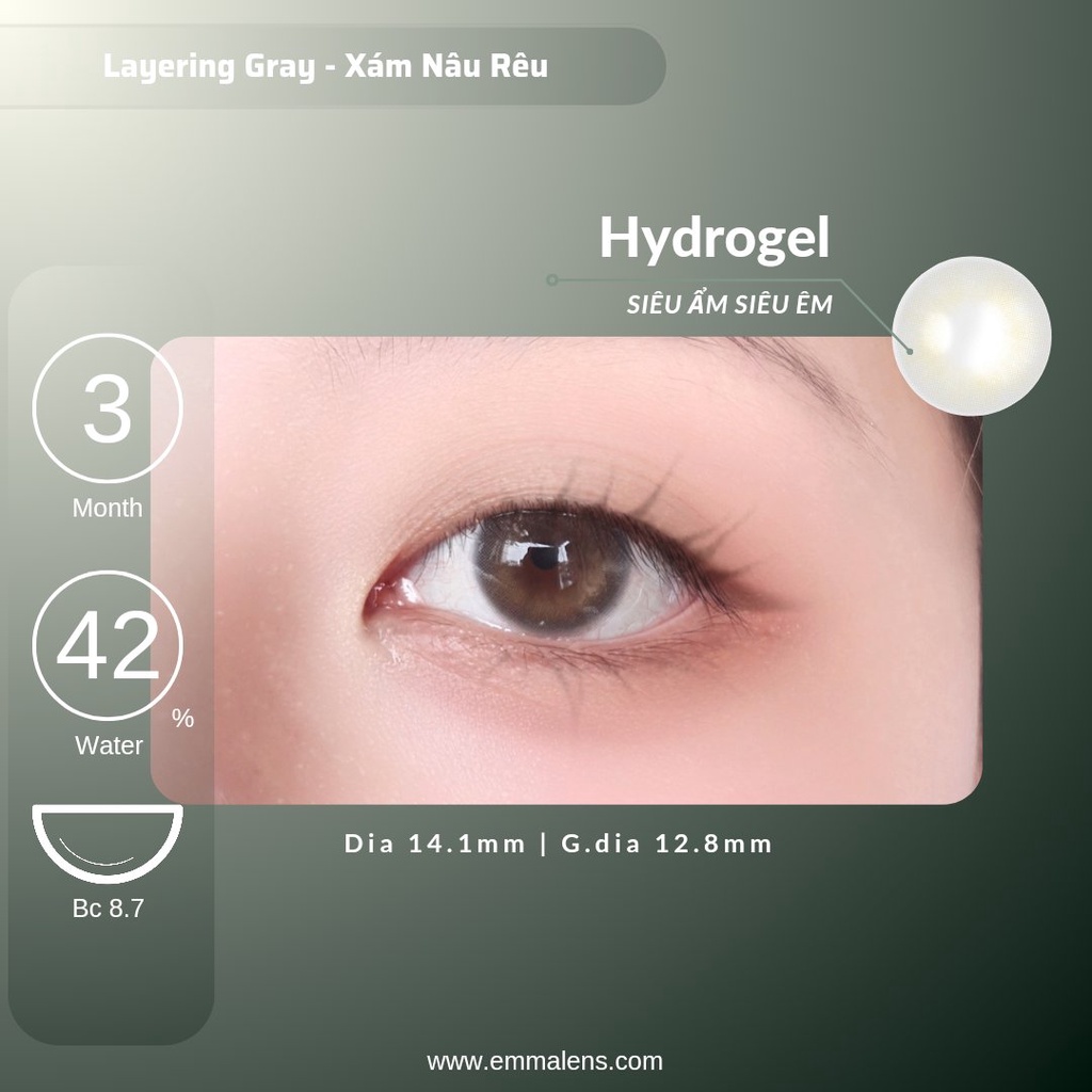 Kính Áp Tròng  Cấp Ẩm Layering Gray 3 Tháng | Lens Xám Áp Tròng Tây Nhẹ Siêu Ẩm 24h mỗi ngày| Emma Lens