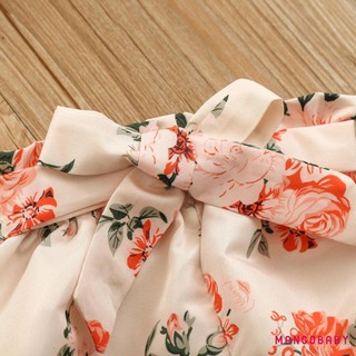 Bộ quần áo mùa hè MGG-Baby Girl, Áo liền quần dệt kim sườn ngắn tay Ruffle + Quần Short hoa + Bộ băng đô