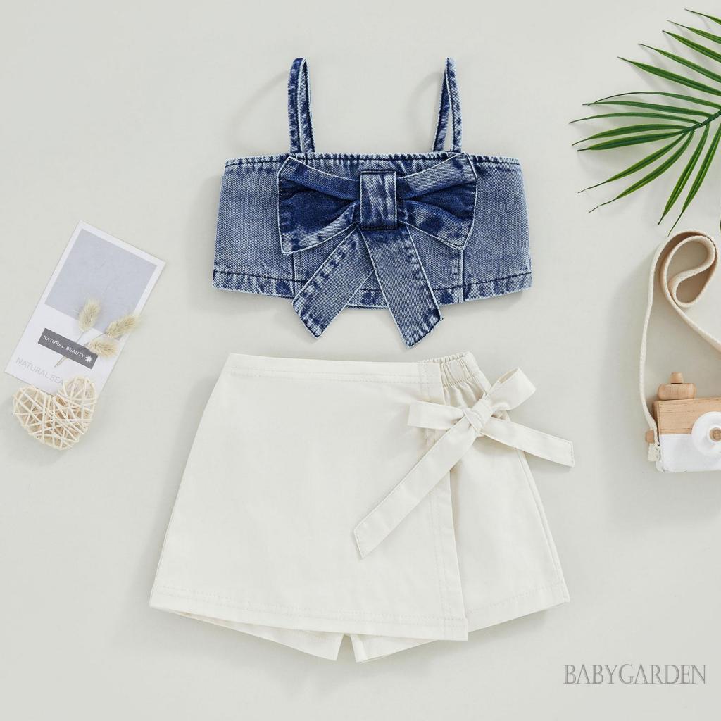 Bộ Áo Hai Dây Màu Trơn + Quần Short Denim Đính Nơ Co Giãn Thời Trang Mùa Hè Cho Bé Gái 1-6 Tuổi