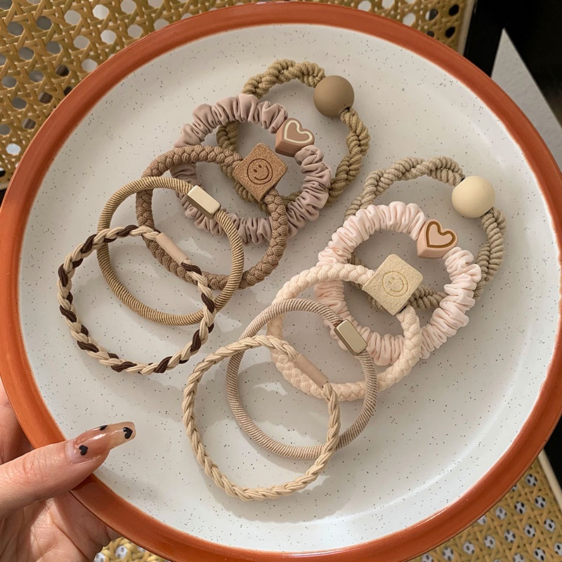 10 Chiếc Dễ Thương Đơn Giản Màu Nâu Hình Trái Tim Tóc Bộ Nhiệt Độ Nữ Đàn Hồi Cao Dây Buộc Tóc 2025 Phụ Kiện Thời Trang Mới