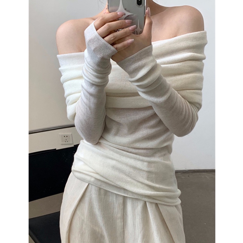 Suxi Mùa Xuân Mới Màu Trơn Một Dây Đeo Vai Dệt Kim Nữ Slim Fit Áo Len Dài Tay