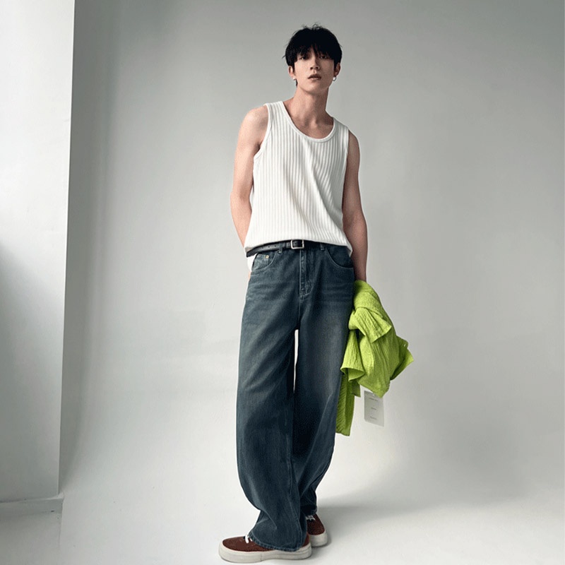 ThaliaWisp Áo vest nam phiên bản Hàn Quốc của áo thun cotton không tay cơ bản mùa hè đơn giản màu trơn sọc hố dày phù hợp hàng đầu dệt kim