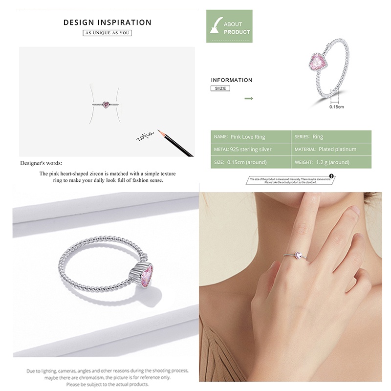 Bamoer Bạc 925 Nhẫn Zircon Hồng Trang Sức Thời Trang Cho Nữ Quà Tặng Sinh Nhật