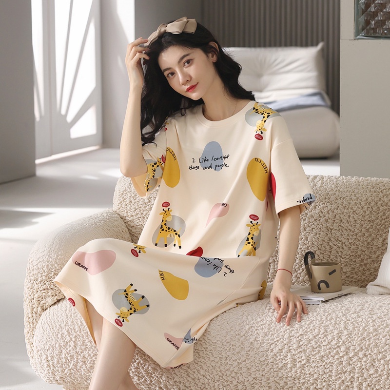 Váy Ngủ-Đầm Ngủ Ngắn Tay Cổ Tròn Form Rộng Thời Trang Mùa Hè Cho Nữ