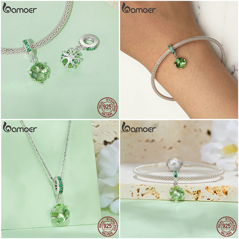 Hạt charm BAMOER bạc 925 hình cỏ bốn lá dùng làm đồ trang sức