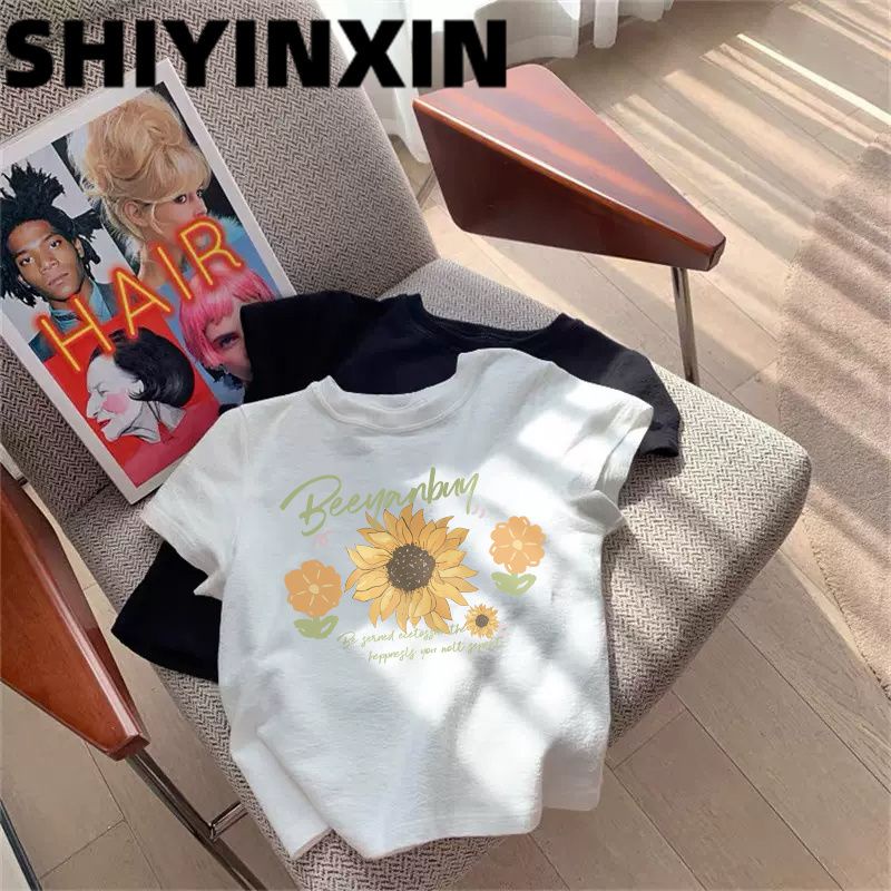 Milyfashion Cotton Hoa Hướng Dương In Vai Ngắn Tay Áo Thun Nữ Mùa Hè Mỏng Nhỏ Ngắn Top Bé tee