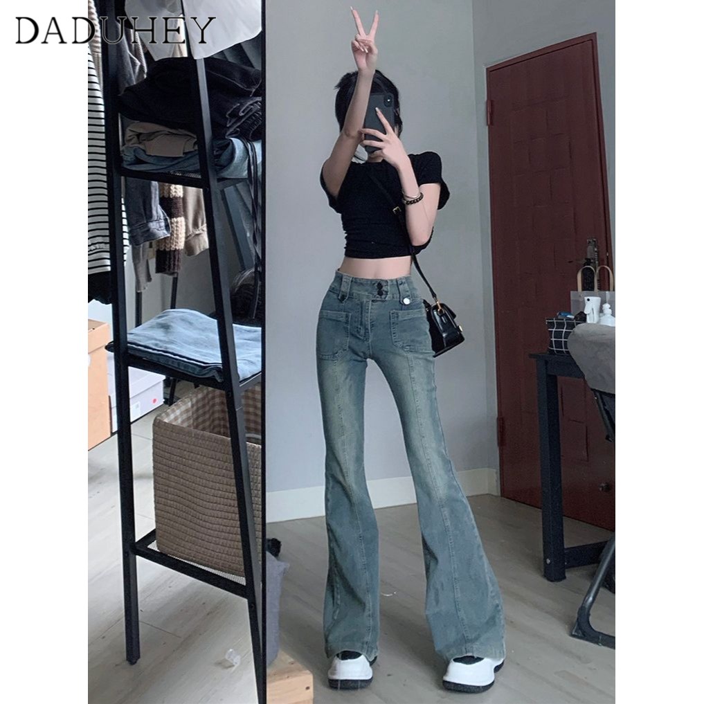 Ảnh DaDuHey New American Ins High Street Retro Washed Jeans Small Crowd High Waist Micro Flared Pants Large Size Trousers 2