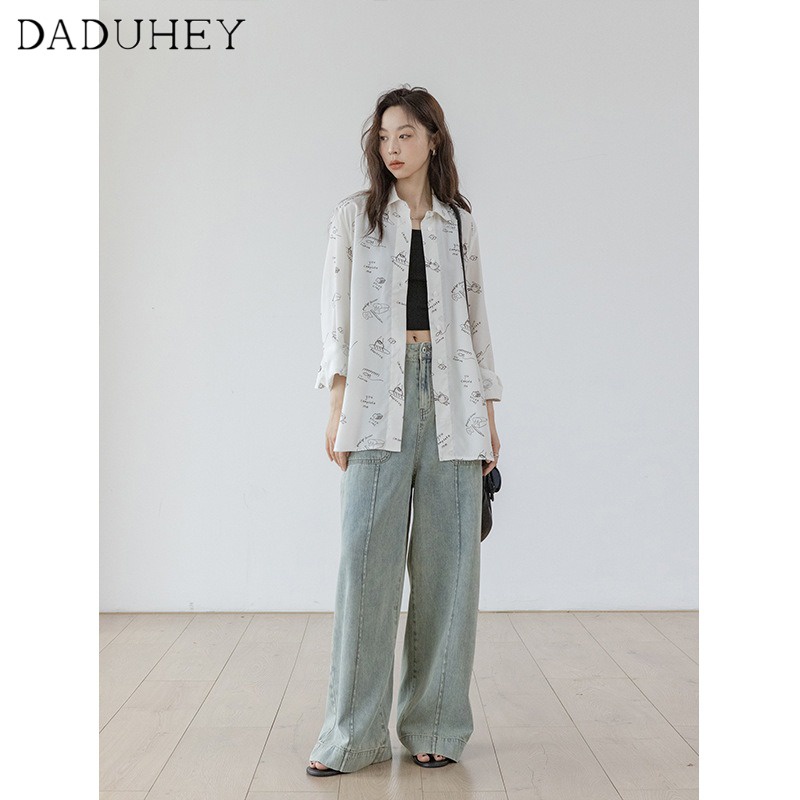 Ảnh DaDuHey New Korean Version of INS Retro Washed Jeans Niche High Waist Loose Wide Leg Pants Large Size Trousers 3