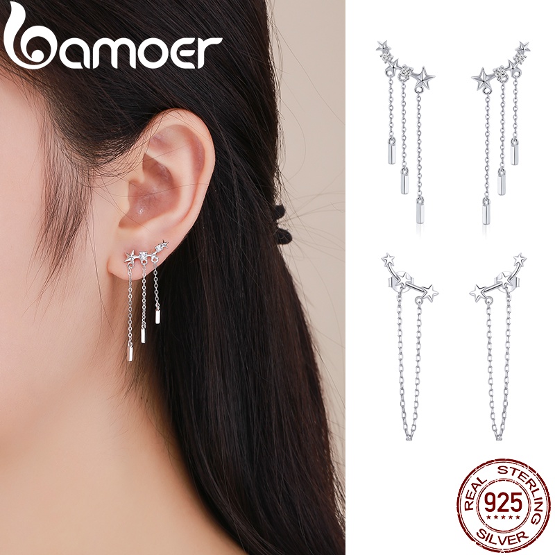 Bamoer Bạc 925 Cặp Bông Tai Ngôi Sao Đơn Giản Bông Tai Trang Sức Thời Trang Quà Tặng Cho Nữ