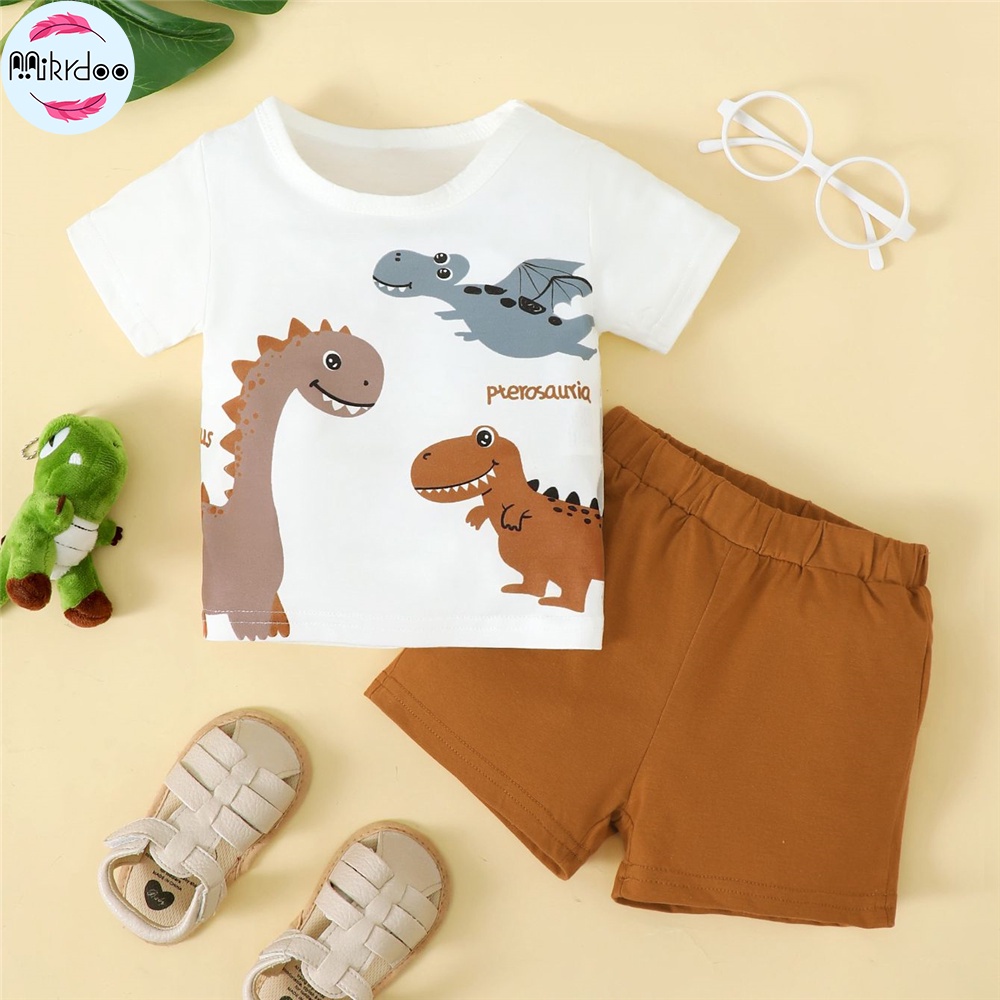 Bộ đồ 2 mảnh MIKRDOO gồm áo tay cộc in họa tiết khủng long + quần ngắn màu trơn thời trang mùa hè cho bé trai 0-3 tuổi