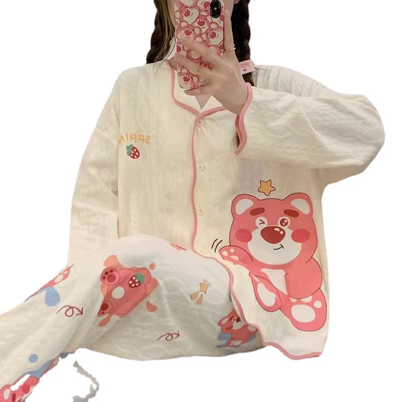 Bộ Đồ Ngủ Tay Dài In Hình Gấu Dễ Thương Phong Cách Hàn Quốc Cho Nữ[Lff0726]