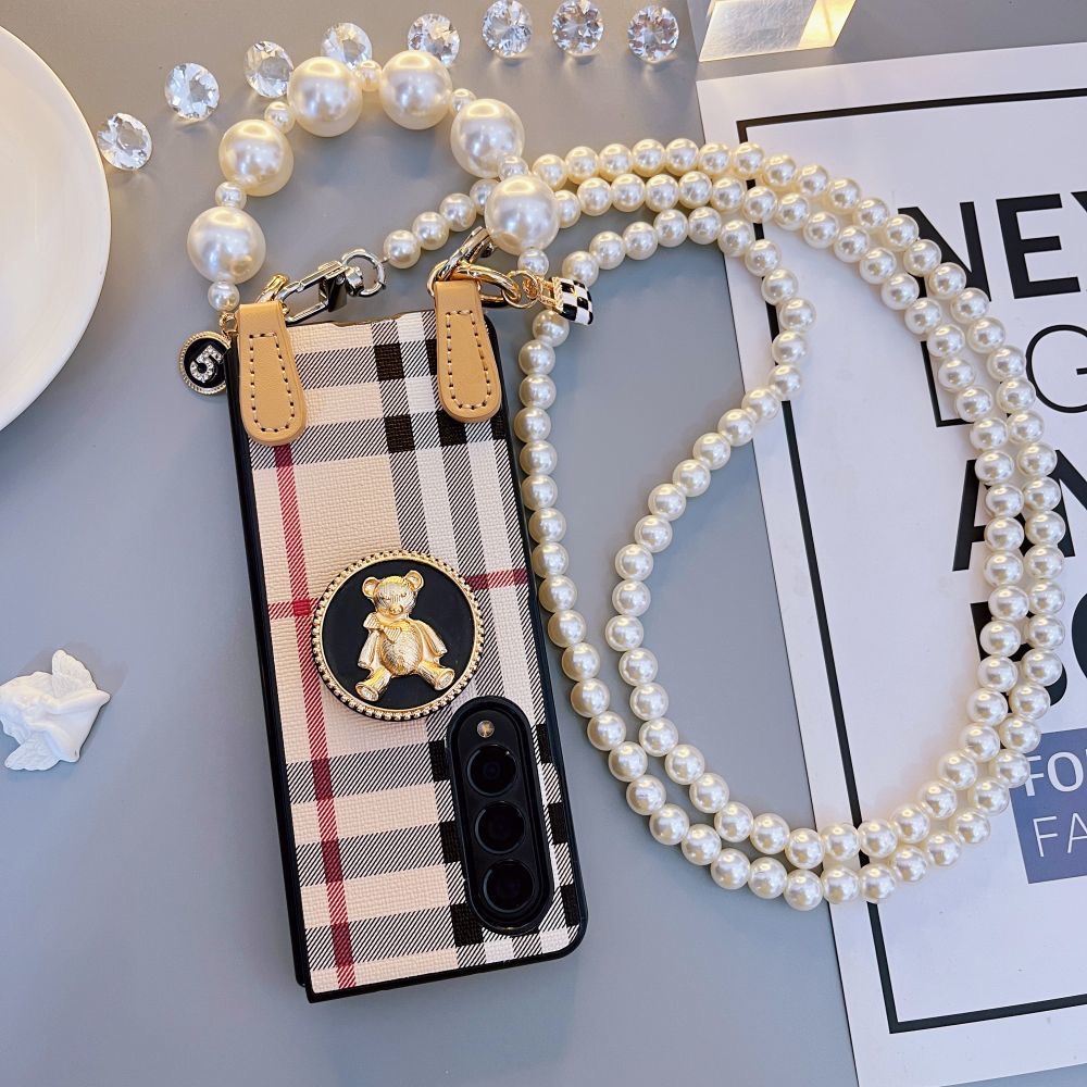 Sang trọng cổ điển họa tiết ca rô Gấp thiết kế đơn giản Vỏ điện thoại cho Samsung Galaxy Z Fold5 Thời trang có dây buộc ngọc trai Thiết kế Vỏ điện thoại cho Z Fold 3 Z Fold4 5G bảo vệ