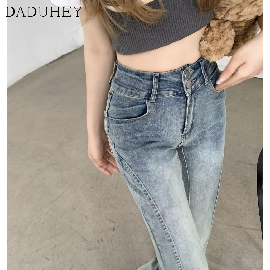 Ảnh DaDuHey New American Ins High Street Retro Stitching Jeans Niche High Waist Wide Leg Pants Large Size Trousers 2