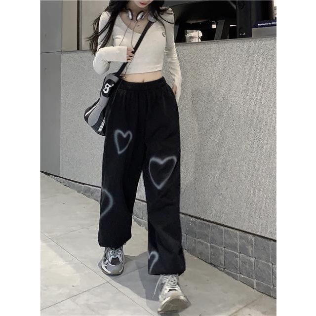 Milyfashion Quần ống rộng in họa tiết trái tim, phong cách ngọt ngào năng động, quần thể thao nữ màu trắng