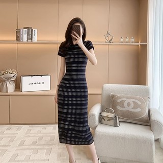 Đầm Dệt Kim Ôm Dáng Tay Ngắn Cổ Tròn Họa Tiết Kẻ Sọc Thời Trang Mùa Hè 2023