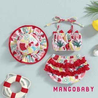 Mgg-baby Girl 3 Bộ Đồ Bơi Mùa Hè In Hình Trái Cây Băng Dây Áo Không Tay Đi Biển Quần Short Và Mũ Bộ Đồ Bơi