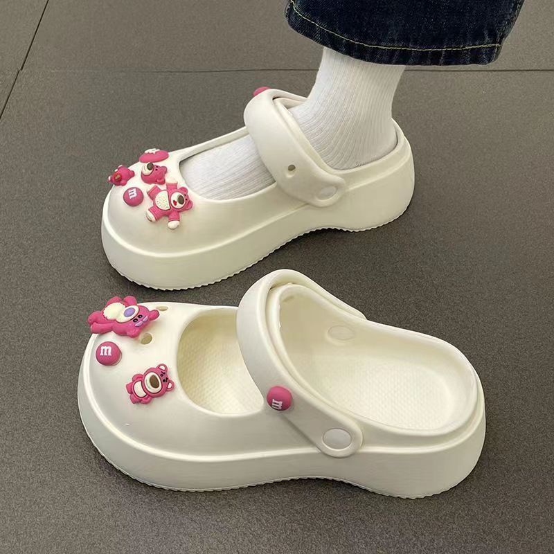 Dép Sandal Mary Jane Đục Lỗ Đế Dày Chống Trượt In Họa Tiết Dâu Tây / Gấu Dễ Thương Thời Trang Mùa Hè Cho Nữ