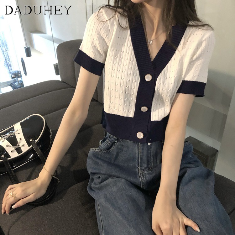 Ảnh Áo DADUHEY tay ngắn chữ V dệt kim dáng rộng 4 màu tùy chọn thời trang cho nữ 2023 2