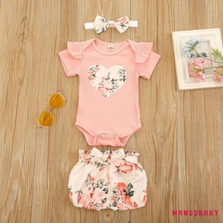 Bộ quần áo mùa hè MGG-Baby Girl, Áo liền quần dệt kim sườn ngắn tay Ruffle + Quần Short hoa + Bộ băng đô
