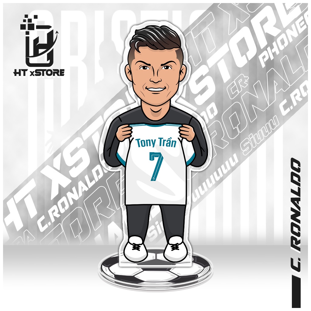 Mô hình standee in hình cầu thủ Cristiano Ronaldo CR7 cầm áo bóng đá in tên và số áo theo yêu cầu khách hàng