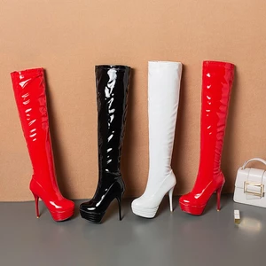 32-46 Kích Thước Gợi Cảm Đỏ Siêu Cao Gót Trên Đầu Gối Giày Da Bằng Sáng Chế Màu Đen Giày Nữ Thu Đông Châu Âu Hộp Đêm Mỹ Cực Giày Khiêu Vũ