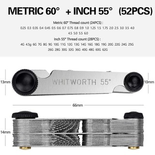 Đồng hồ đo cắt FEASTLY, Thép không gỉ 55 độ & 60 độ Vít Thread Pitch Gauge, Đa năng 52 chiếc Thước đo chỉ số & Imperial Đo lường công nghiệp