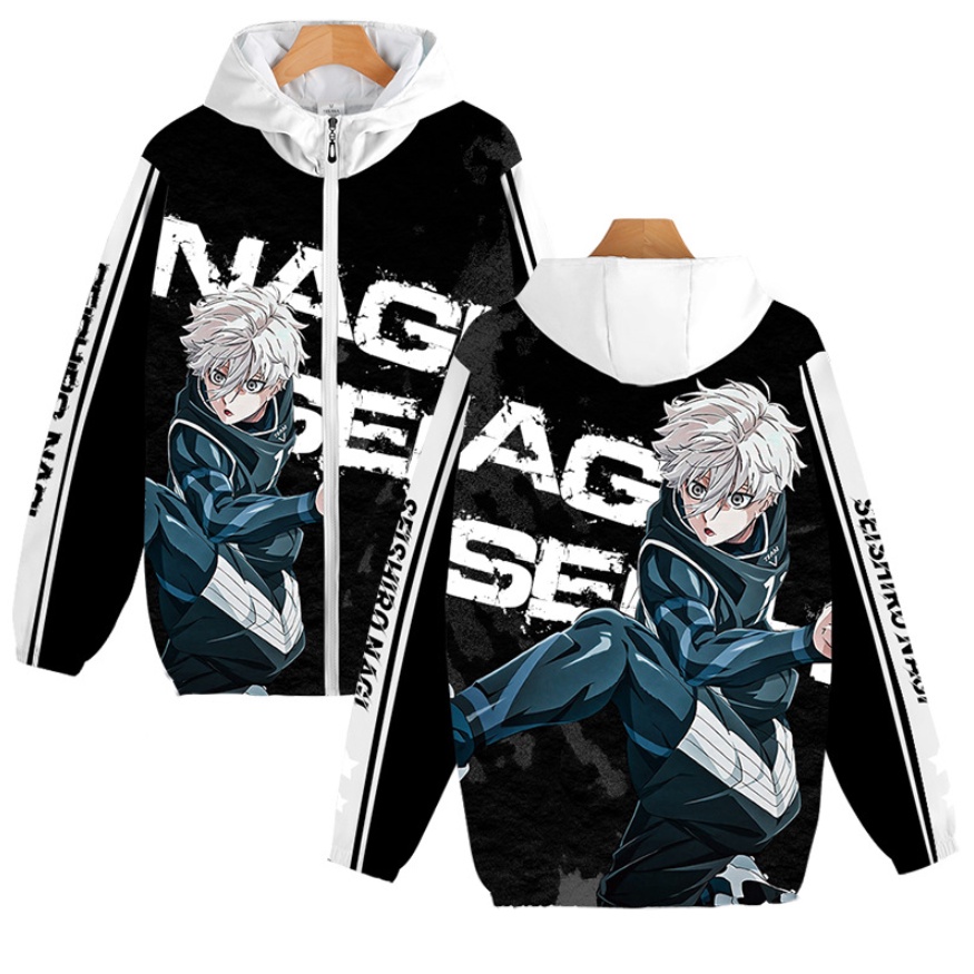 Jersey Xanh Khóa Áo Dài Tay Unisex Top Dây Kéo Cosplay 3D Áo Reo Nagi Seishirou Thời Trang Áo Khoác Ngoài Plus