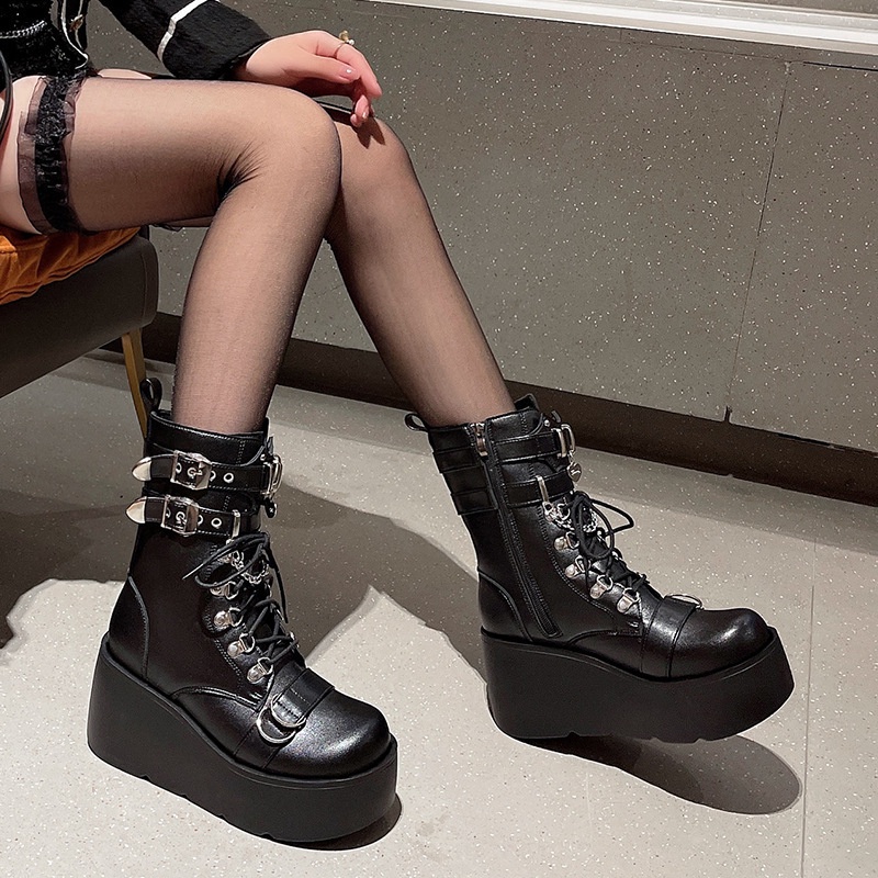 Kích Thước Lớn Nêm Gót Thời Trang Hợp Thời Trang Giày Bốt Nữ Phong Cách Mới Châu Âu Mỹ Punk Phong Cách Đẹp Trai Đế Dày Ống Ngắn Nữ